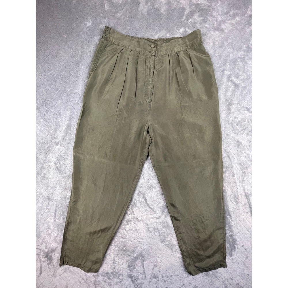 100% Silk Petites by Clio Green Pleated High Waist Pants Medium Pockets‎ FLAWS